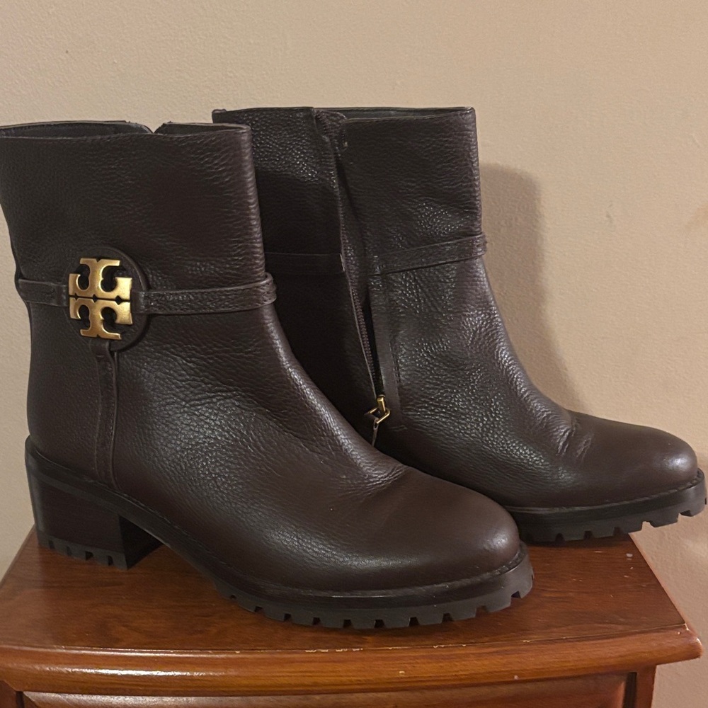 Tory Burch Dark Brown Ankle Booties with Gold Accent 9M